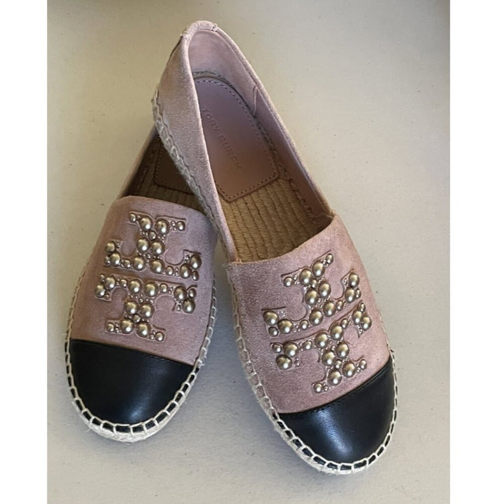 TORY BURCH Stud Pearl Logo Suede Espadrille In Meadowsweet Sz 10